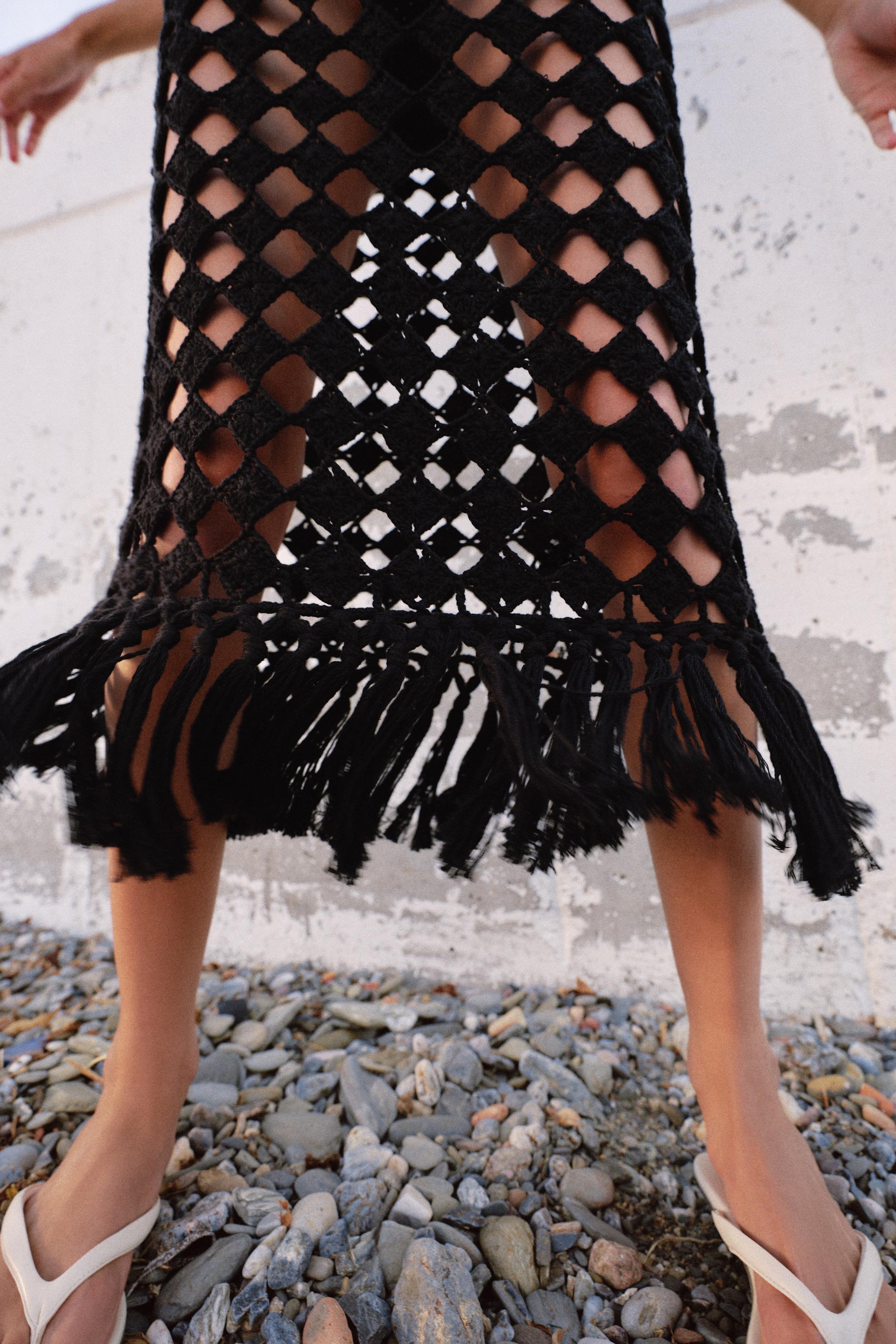 FRINGED CROCHET KNIT DRESS